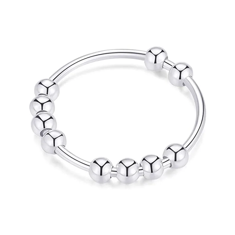 

SC S925 Sterling Silver Fidget Ring Jewelry Personalized Sliding Ten Beads Ring Silver Spinner Anti Stress Anxiety Rings Women, Silver color