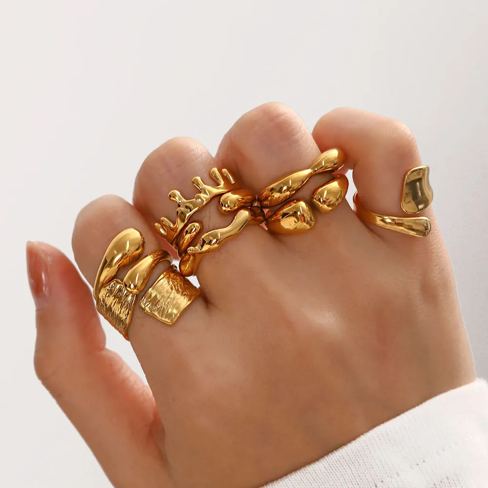 

Fashionable Hiphop Jewelry Waterproof 18k Gold Plated Stainless Steel Irregular Rings Open Size Ins Style New Cuff Rings