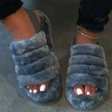 

Factory wholesale fur slide sandal women fox fur slides custom slippers fur, Gery brown
