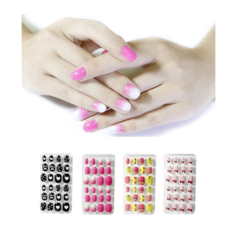 

24 Pcs Wearable Beautiful Design Manicure Finished Kids Press On Nails Artificial Fingernails Nail Art For Teens, Multi color