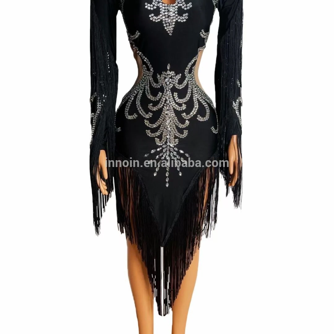 

2021 Women Singer Dress Black Fringe Dress Rhinestone Stage Costume Mesh Stretch Slim Prom Dance Clothes Celebrate Wear