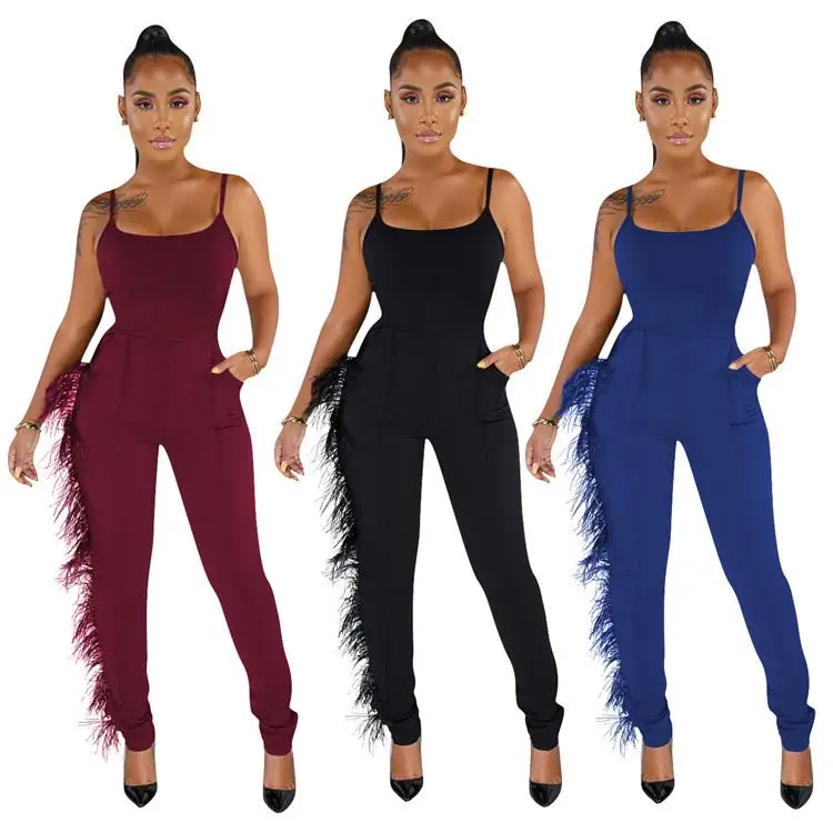 

New Hot Sexy Women Rompers Skinny One Piece Sleeveless Backless Feather Edge Vest Long Pencil Pants Night Club Jumpsuit, Picture