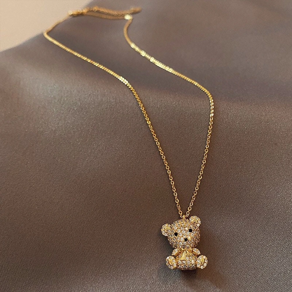 

Fashion Jewelry Party Gold Plated Custom Cuban Link Chain Crystal Diamond Bling Bear Pendant Necklaces For Party