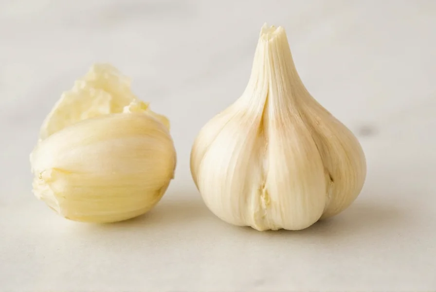 Various garlic cloves next to measuring spoons showing different minced quantities