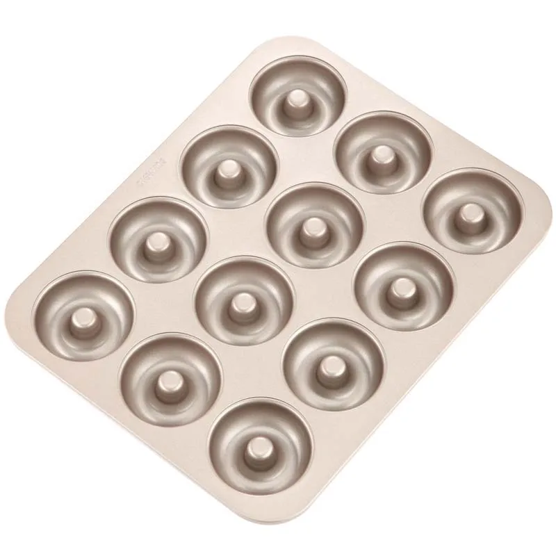 

CHEFMADE Factory Wholesale 12 Cup Carbon Steel Non Stick Ring Donut Mold Cake Pan Bakeware Tray Baking Dish, Champagne gold