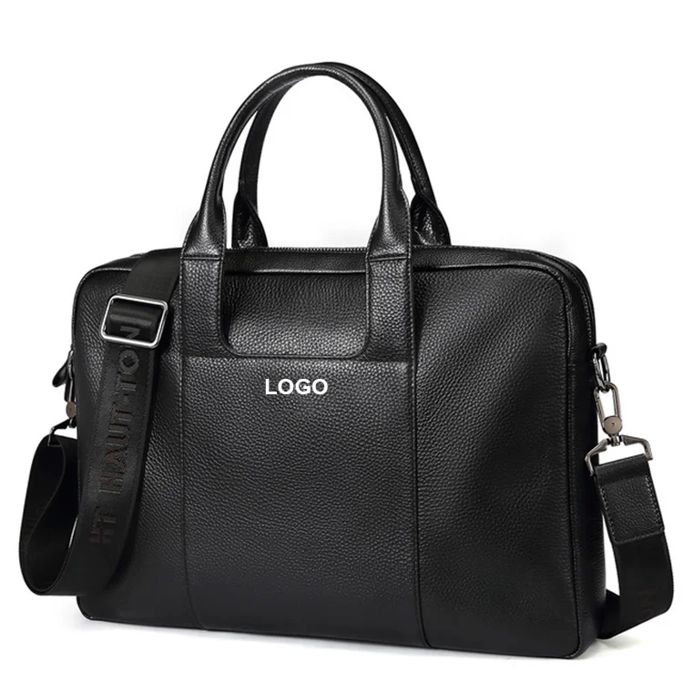 

custom business men foam embossed logo black genuine leather brief case laptop bag