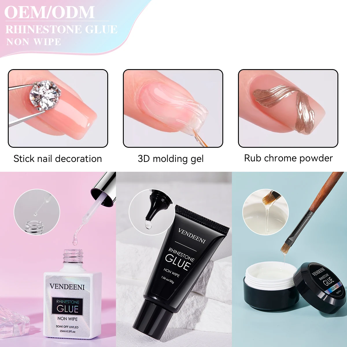 Vendeeni Private Label OEM Nail Rhinestone Glue Super Strong Gel Glue for Manicure Transparent Nail Art 3D Sticky Carving Glue
