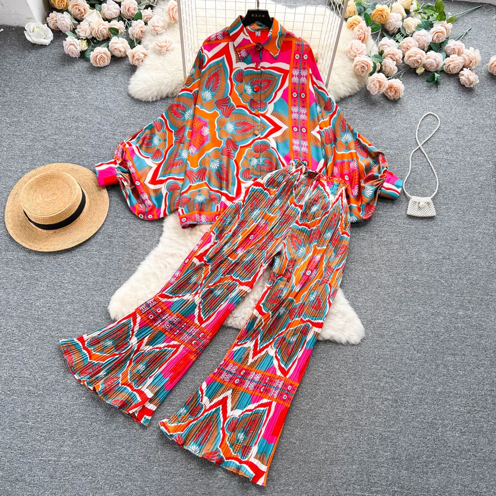 

Wholesale 2023 Spring Fashion Printing Loose Lantern Sleeve Polo Neck Shirt High Waist Pleated Wide Leg Pants Women's Set