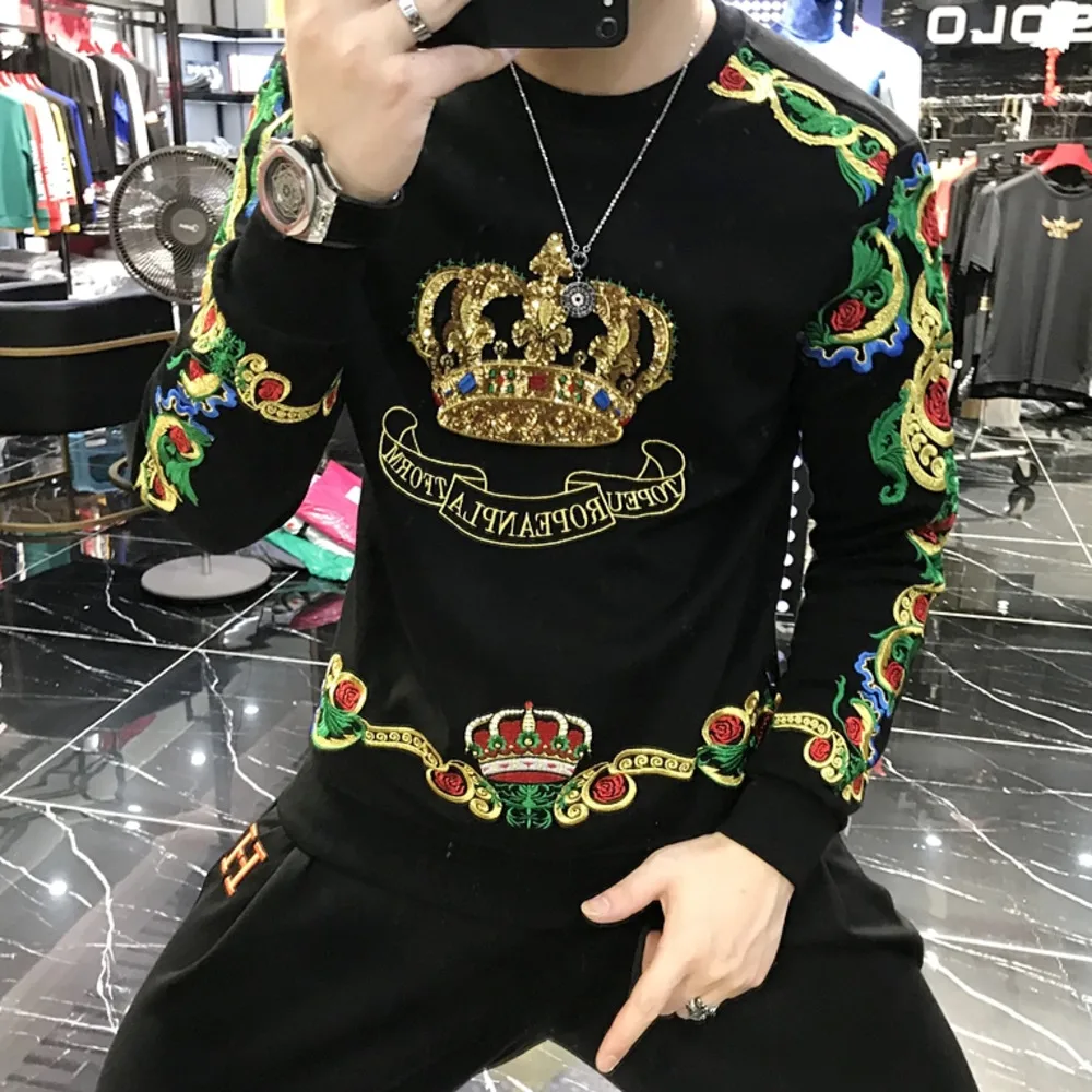 

Luxury Gold Black Embroidery Sequin Crown Sweatshirts Men Sudadera Hombre Baroque Club Outwear Sweat Homme Harajuku Sweatshirt