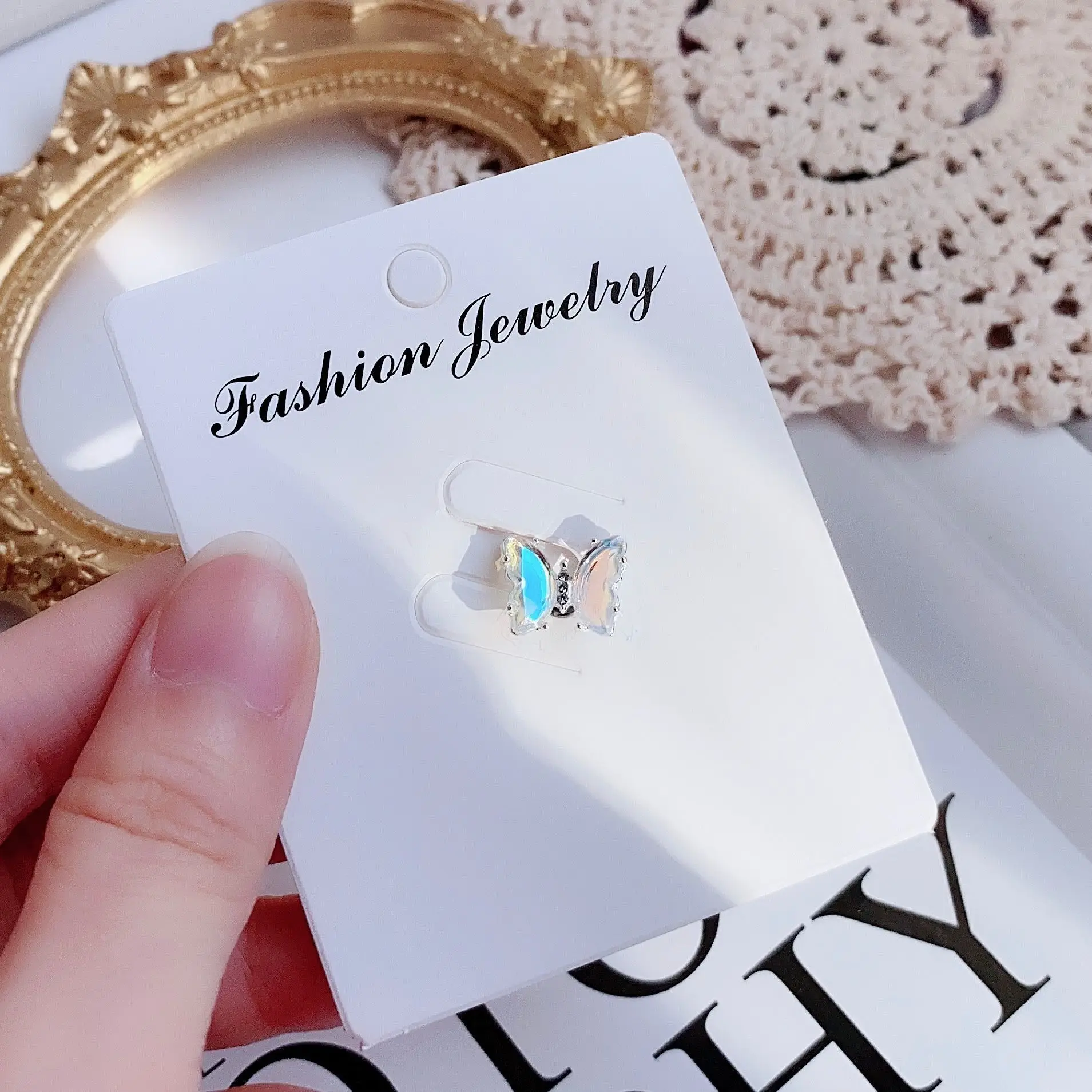 

New Summer Fashion Rainbow Crystal Butterfly Stud Earrings For Women Teen Girls, White, blue, yellow, green, purple, red, black, multicolorful