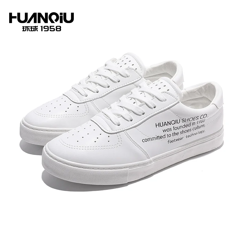 

H18857 HUANQIU Fashion White Lace Up Microfiber Autumn Rubber Flat Men Casual Shoes