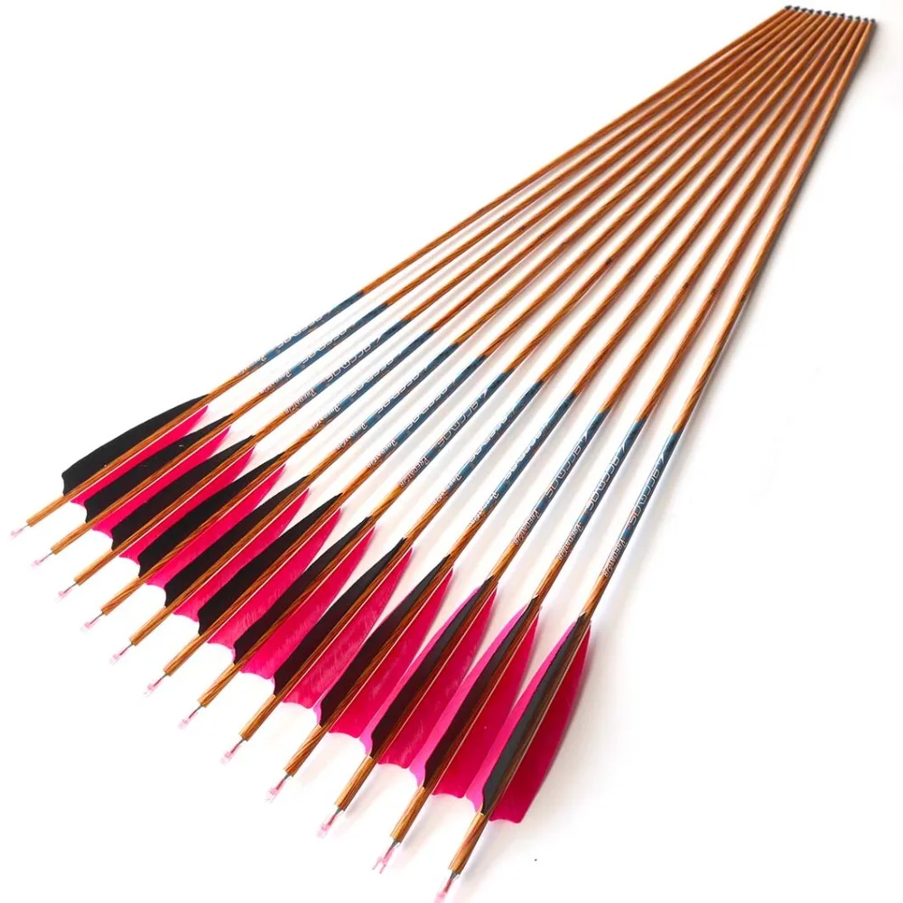 

ID6.2 Wood Skin Carbon Arrows Spine 350 400 500 600 700 With 5" Turkey Feather for Compound Recurve Bow and Arrow Archery, Wooden, red and black