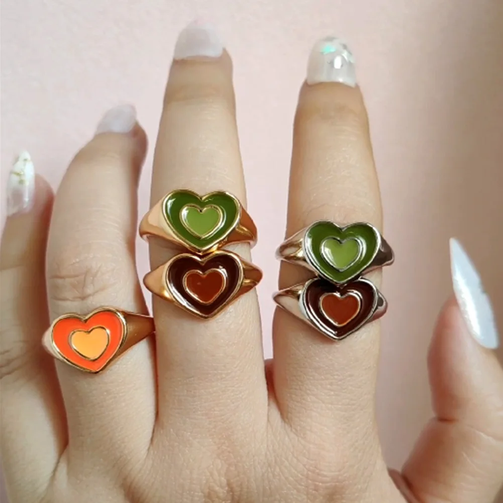 

Wholesale Newest Elegant Minimalist Engagement Fashion Thin Colorful Enamel Two Heart Shape Rings For Girls Gift