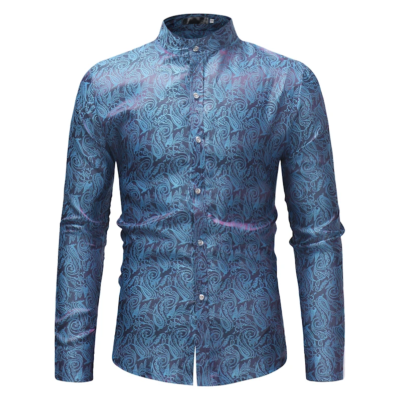 

Ready To Ship New Fashion Dynamic Fall Men Casual Cotton Anti-wrinkle Stand-collar Printed Long Sleeve Button Down Blouse Shirt, Black, blue, wine red