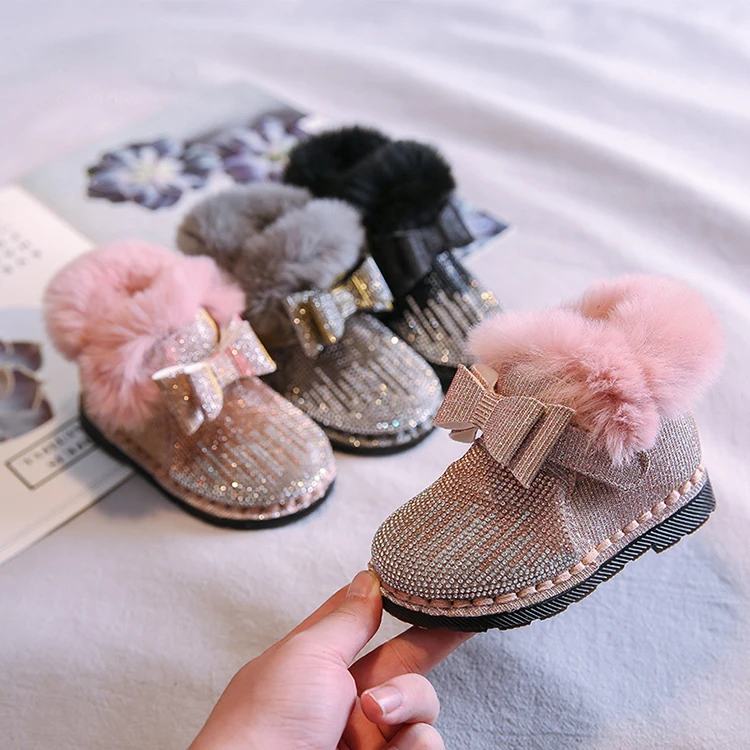 

Fashion Winter Warm Comfortable Soft Faux Fur Lining Outdoor Ankle Flat Snow Winter Toddler Girls Kids Bling Bling Boots