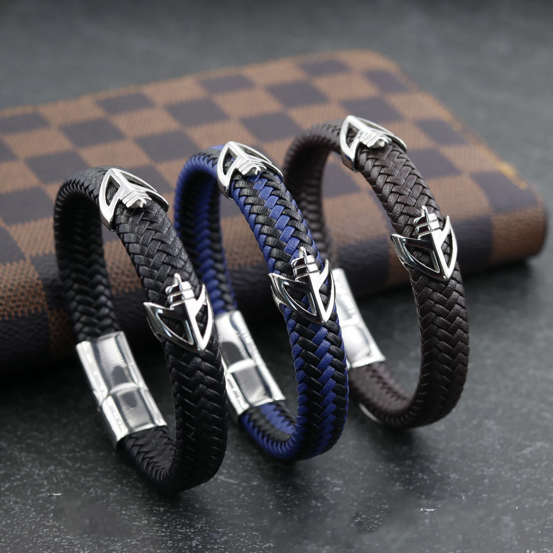 

Mens Double-Row Braided Leather Bracelet Bangle Wristband with Silver Black Stainless Steel Ornaments Teen Boys