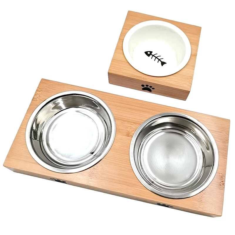 

2021 bamboo dog bowl Raised Stand Ceramic Pet Feeder bamboo elevated dog and cat bowl pet feeder