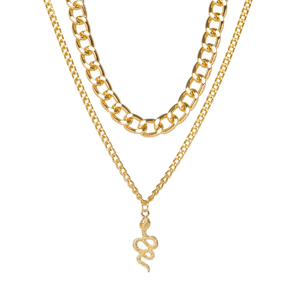 

JIJIA 2022 Chains Snake Pendant Necklace Simple Personality Punk Style Thick Chain Double Layer Clavicle Chain, Gold color