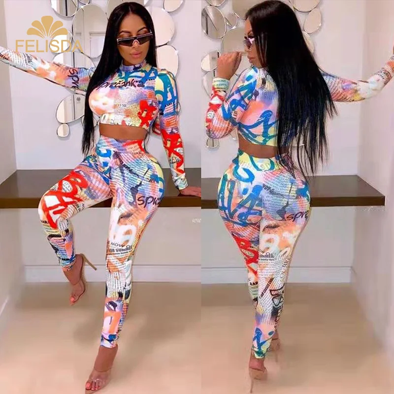 

FELISDA Print Two Piece Set Women Clothing Casual Sportswear Long Sleeve Crop Top And Leggings Pants 2 Piece Set Outfits