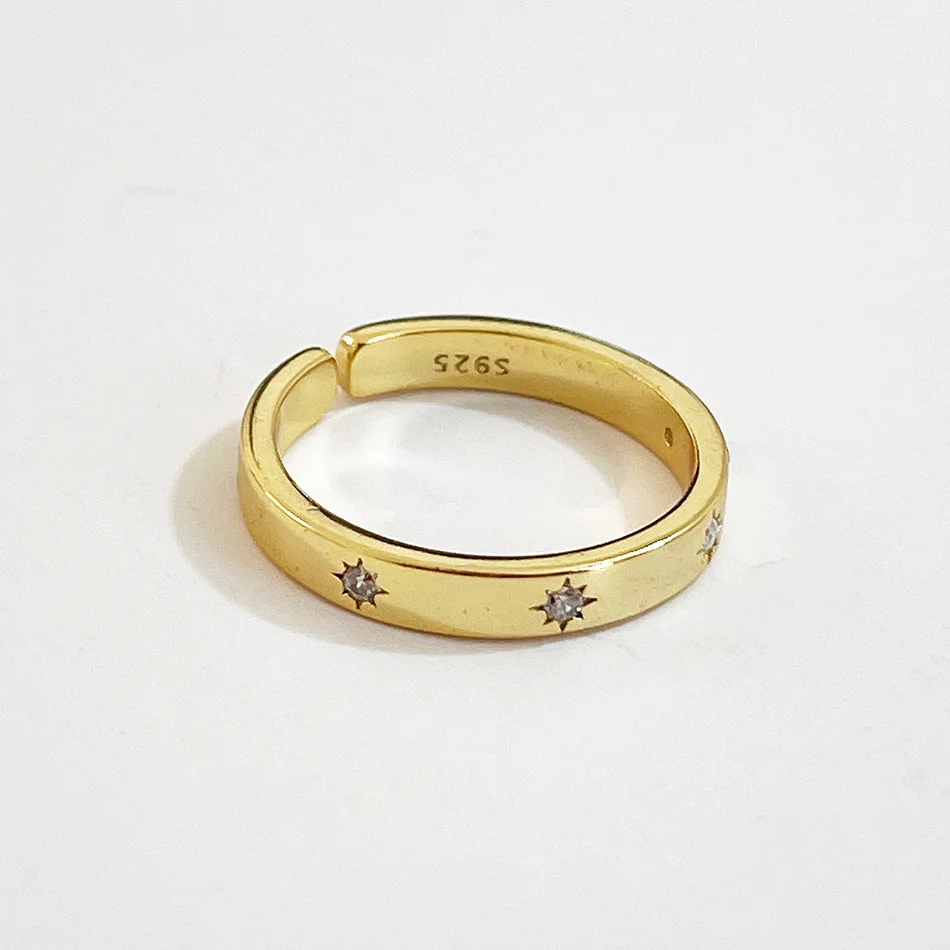 

925 Sterling Silver Zircon Inlaid Sun Shape Glod Plated Ring Open Ring For Women