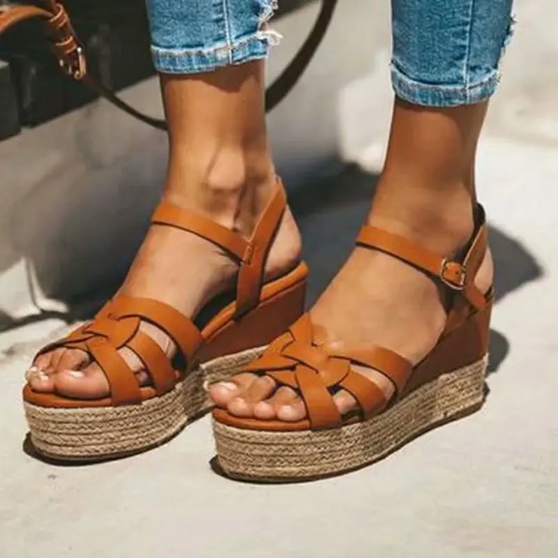 

Summer fashion metal clasp woven with hemp rope sandals platform women, Brown