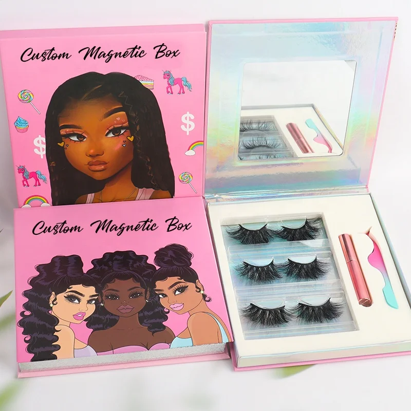 

hot selling personally customized realistic eyelashes packaging with mirror 25mm 3d 5d mink eyelashes, Natural black