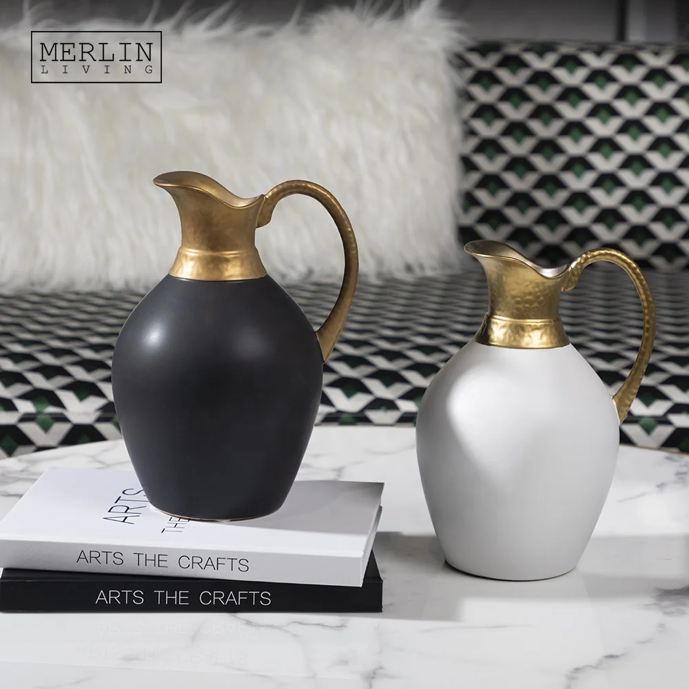 

Merlin Black white and gold flower vases home decor modern luxury jug decorative brass hotel boho vaso vintage for ceramic vase, Black or white + gold