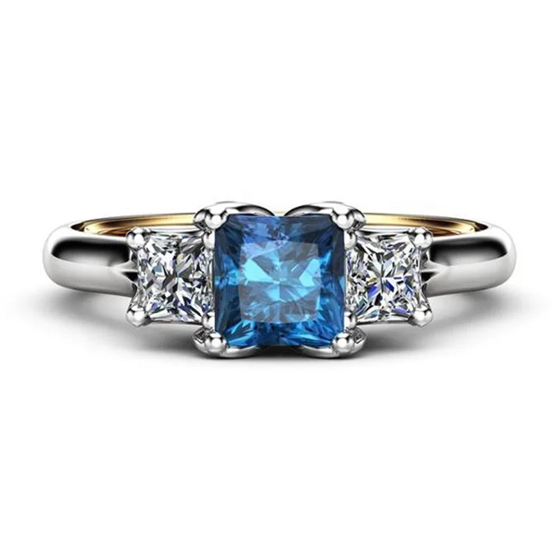 

Luxury Female Blue Square Zircon Party Ring Fashion Silver Filled Double Color Ring Elegant Engagement Wedding Rings For Women