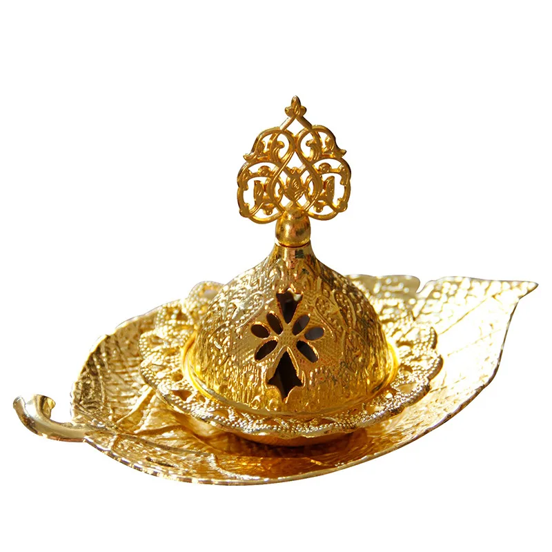 

Ramadan Golden Metal Handheld Middle Eastern Arab Leaf Tray Aroma Diffuser Incense Burner, Gold