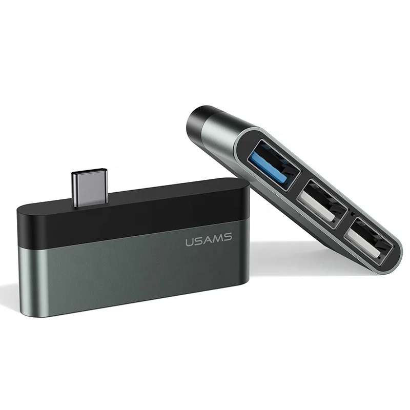 

USAMS Portable Slim USB Adapter Mini 3 Port USB Hub 3.0 with Type C Charge for Laptop, Grey