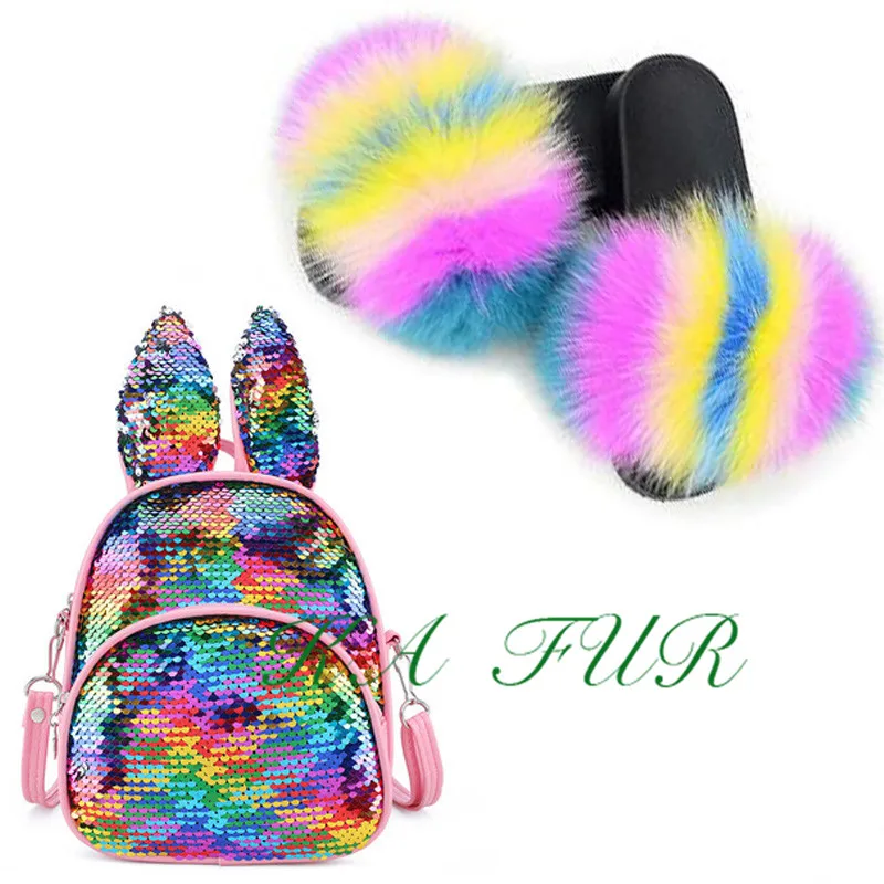 

PVC Jelly Bag with Real Fox Fur Slippers Women Luxury Rainbow Big Fox Fur Slippers and Purse Sets