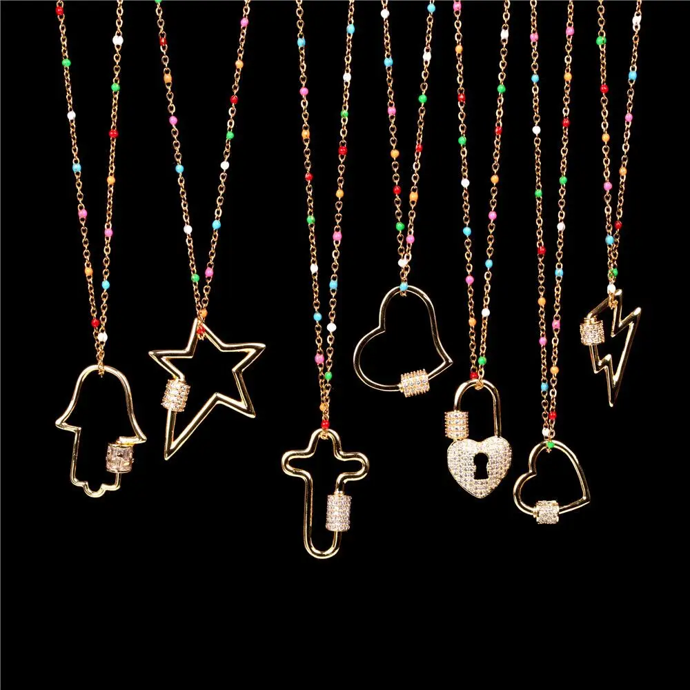 

BD-E1634 Lucky Eye Fatima Hand Star Heart Lock Necklace Gold Color Chain Micro Pave Pendant Necklace for Women Female Girls