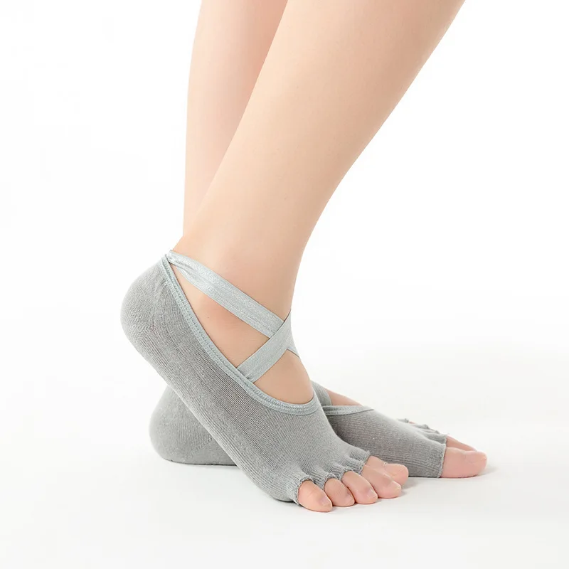 

Wholesale cotton open toe 5 fingers anti-slip soft ankle knitted Ribbon Yoga pilates Socks, Custom color