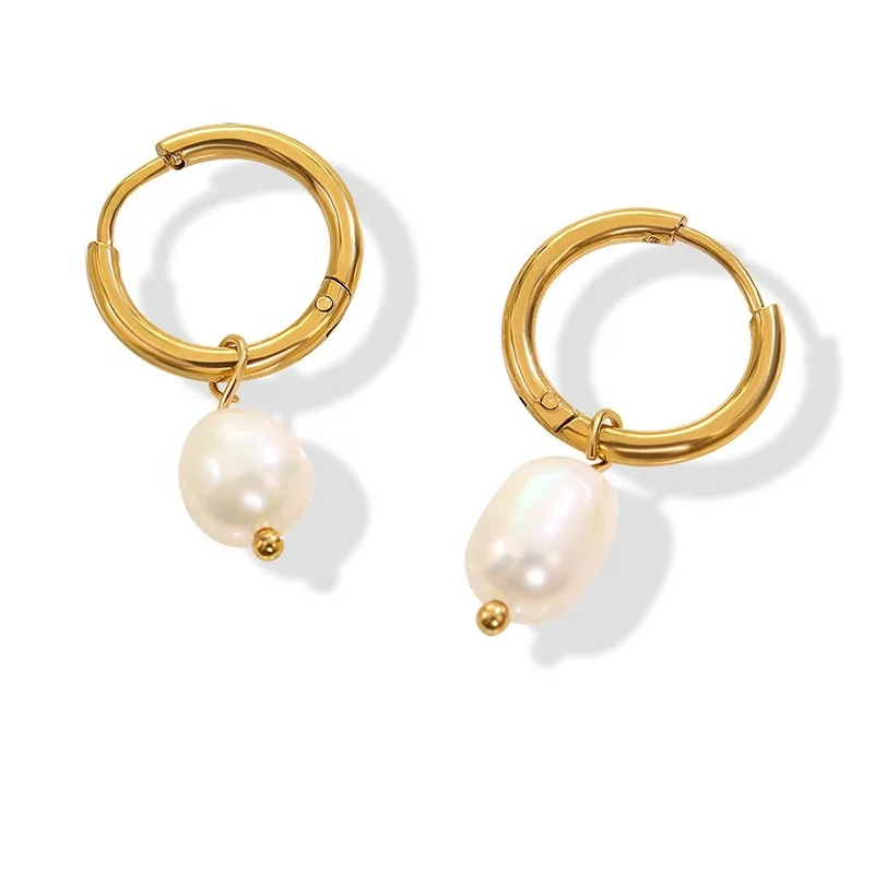 

Vintage Design Freshwater Pearl Drop Earrings Baroque Pearl Stainless Steel 18k Gold Plating Pearl Huggie Hoop Earrings