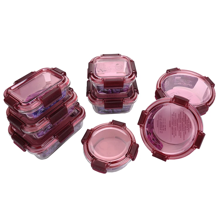 

Microwave heat resistant round crisper square glass food storage container set, Khaki/purplish red