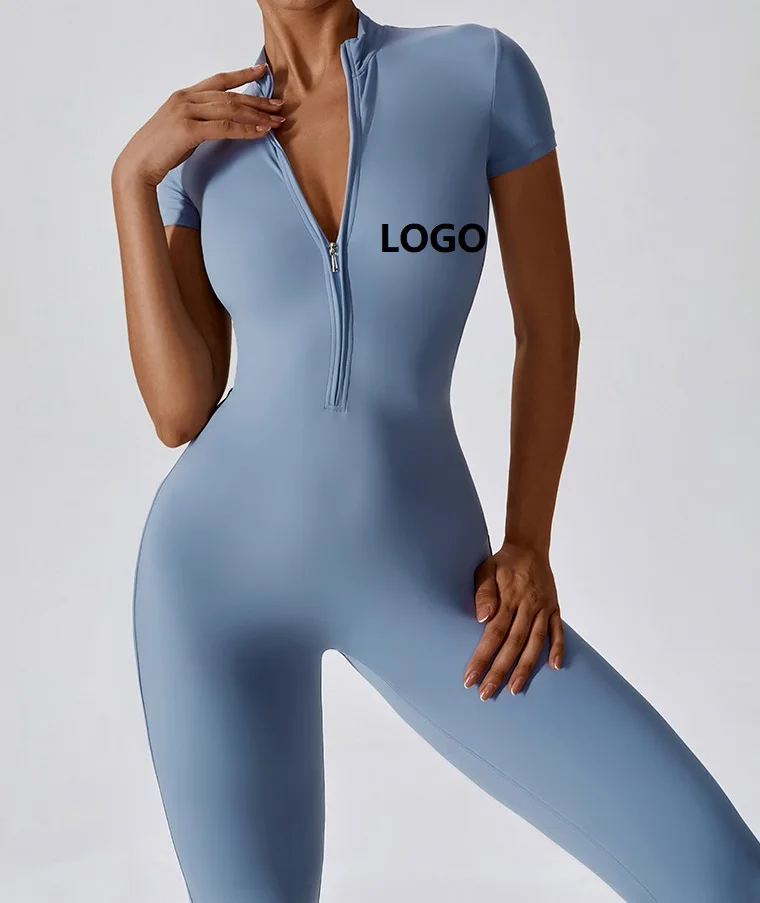 

New one piece workout sets for women Zipper short sleeved gym fitness sets jumpsuit workout romper bodysuit