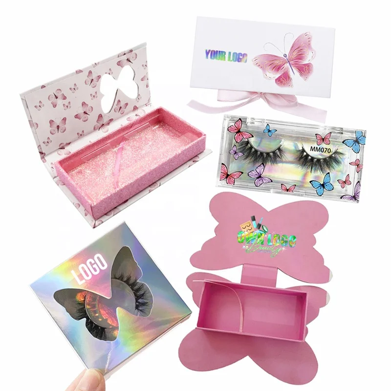 

OEM Custom Private Label Wholesale Pink Ribbon Lash Case Magnetic Cardboard Rectangle Square Butterfly eyelash Packaging Box, Holographic