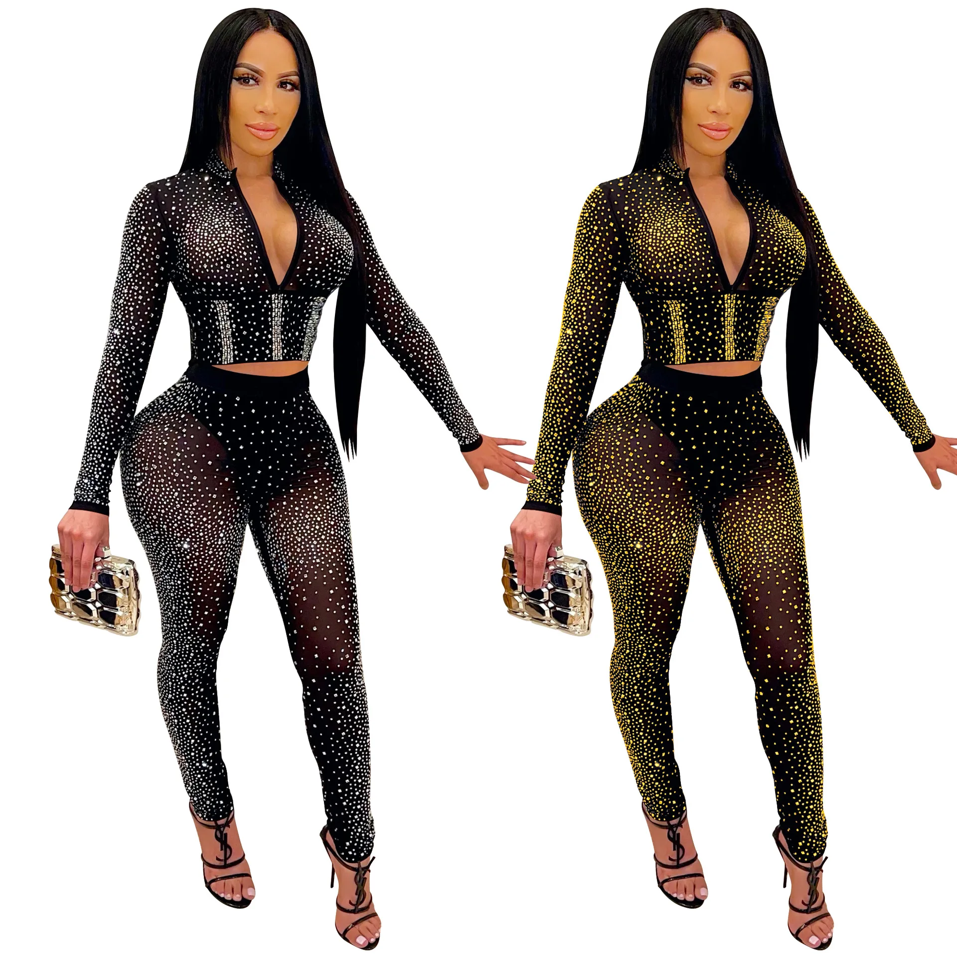 

2022 Spring sexy women mesh 2piece pant set V neck 2 piece club sets sequin women mesh sets, Picture shows