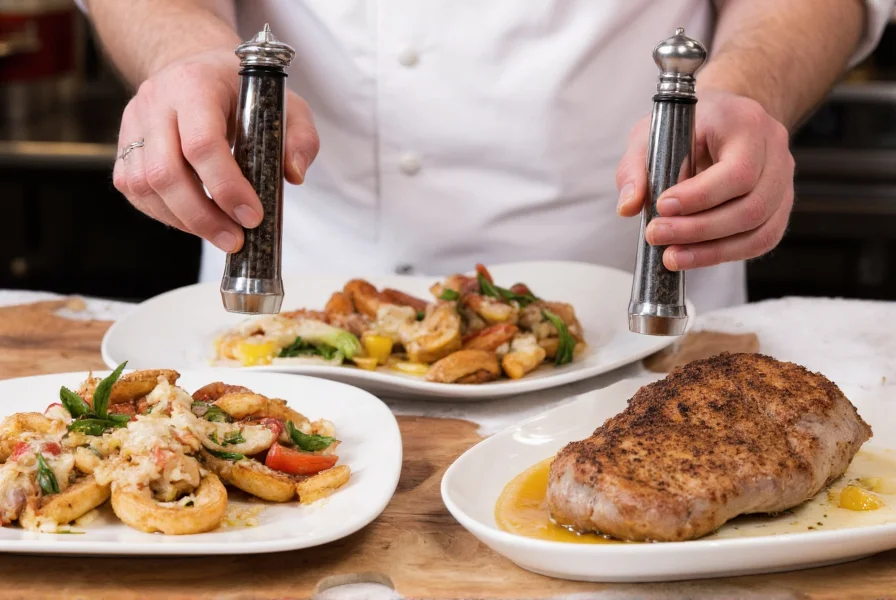 Chef's hands using different pepper mill grinders on various dishes showing fine grind for sauces and coarse grind for meats