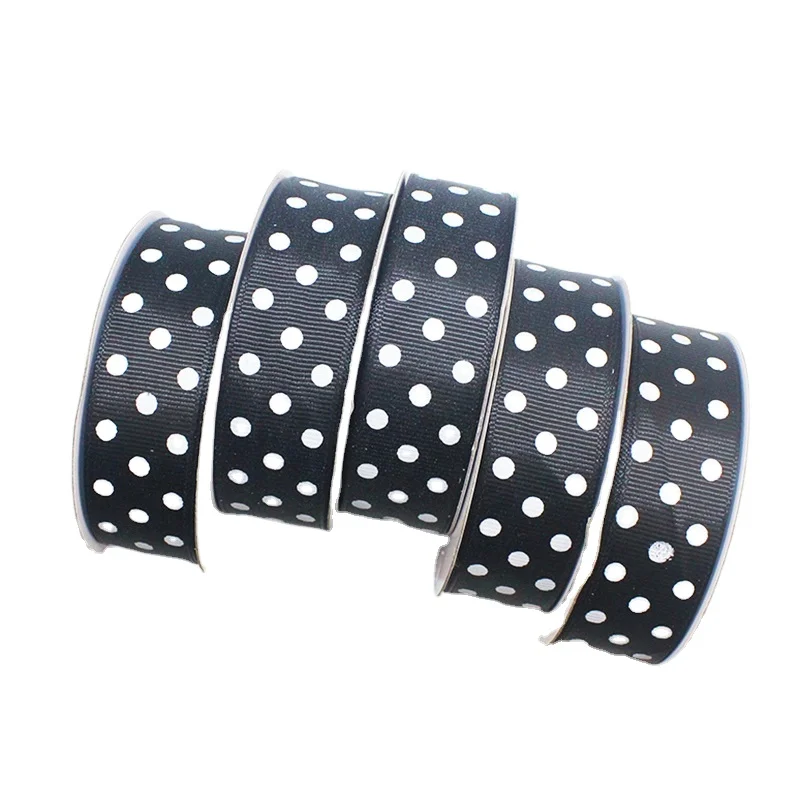 

Factory wholesale 25mm printed white polka dot handmade DIY with black gross grain ribbon