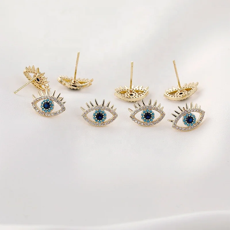 

Korean trendy 925 sterling silver needle 14K plated Evil Eye blue eye micro inlay shiny zircon stud earrings for women jewelry, Gold