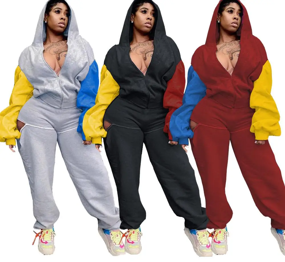 

M1167 Loose two piece hoodie set color block two piece jogger pants sets ripped trendy women clothing