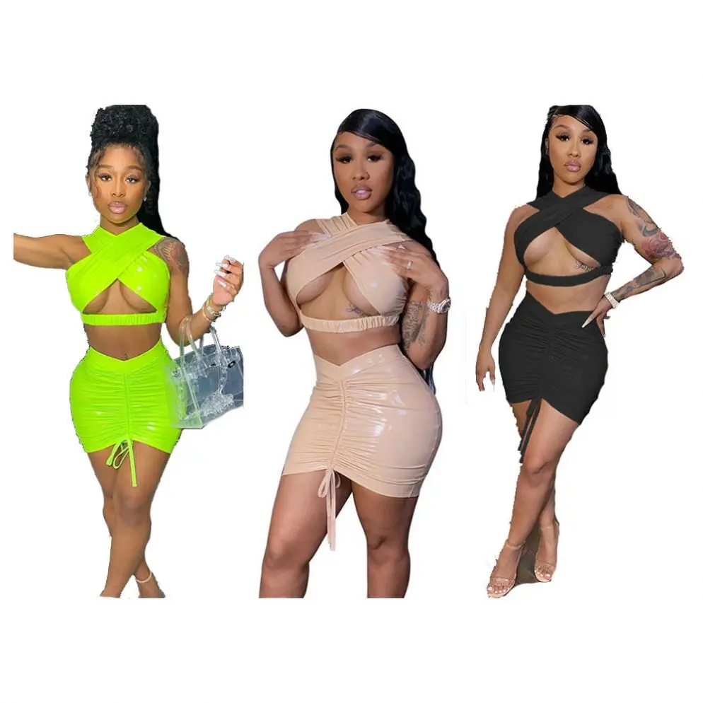 

livingfun K20S10073 women clothing party sexy club cut out crop tank top pleated mini skirt PU leather suit bodycon 2 piece set