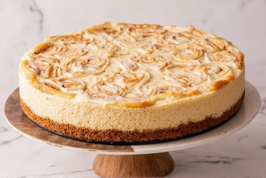 Cinnamon bun cheesecake showing golden brown topping with swirls of cinnamon on creamy white cheesecake base