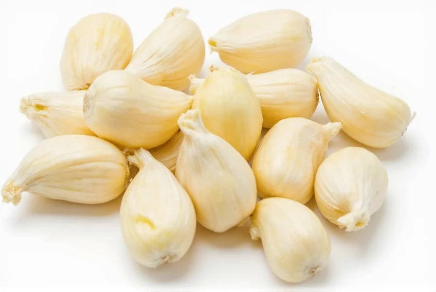 Hand holding peeled garlic cloves with peeling demonstration