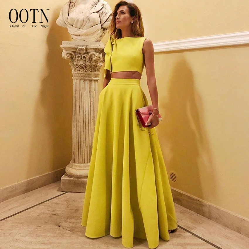 

OOTN Elegant Yellow Woman's Clothes Solid color Skirt And Top Sets Summer Sleeveless Crop Top+Skirt 2 Piece Set Women's Suits