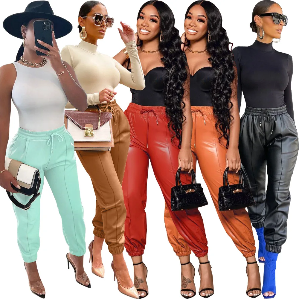 

2021 Winter New Arrivals Fashion High Waist Women's Winter Pants Leather Pants Women Trousers, Picture shown