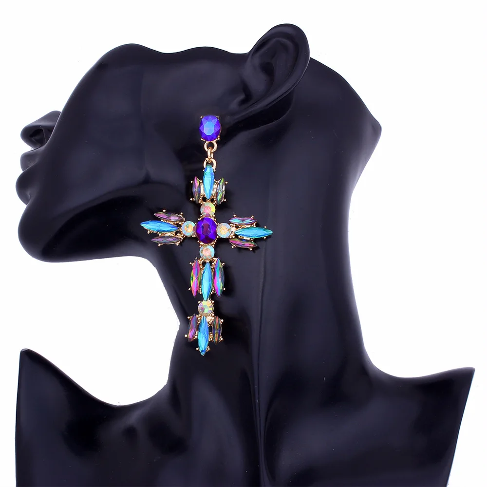 

2021 Wholesale Multi-color Statement Unique Drop Earrings Geometric Gemstone Crystal Big Cross Dangling Earring, Picture