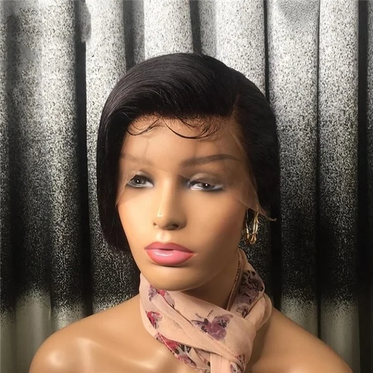 

Brazilian Natural Black Color 150% Density 8 Inches Remy Human Hair Pixie Cut Lace Front Wigs for Ladies