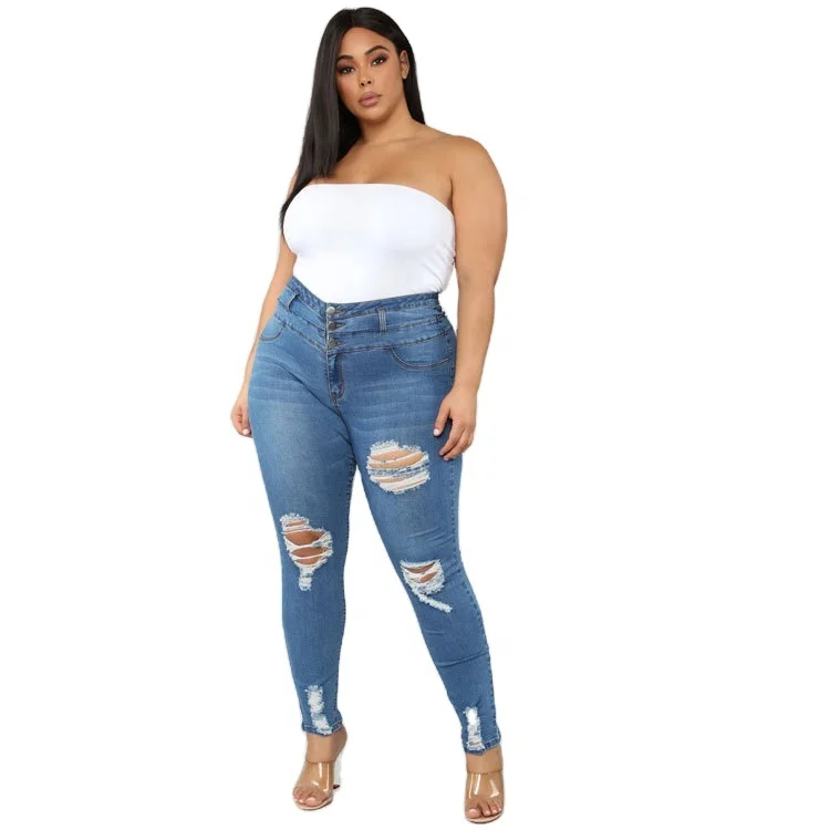 

Wish Cross-border eBay High Waist Ripped Plus Size Fat Jeans Women Pencil Pants, Blue,black,light blue